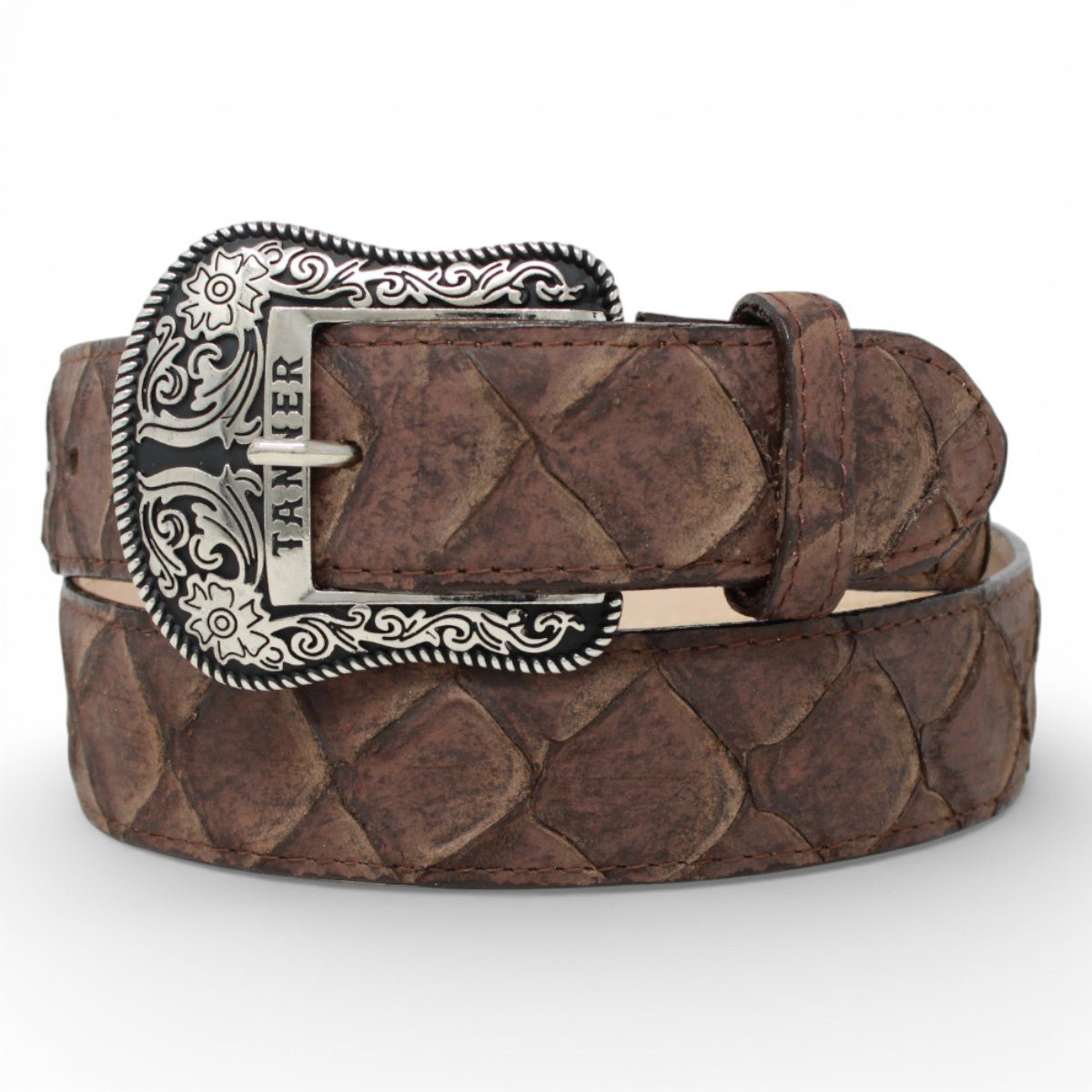 Cinturón de Piel Grabada Pirarucu con Hebilla Metálica Texas Cafe - TMB205559 - Tanner Mark Boots
