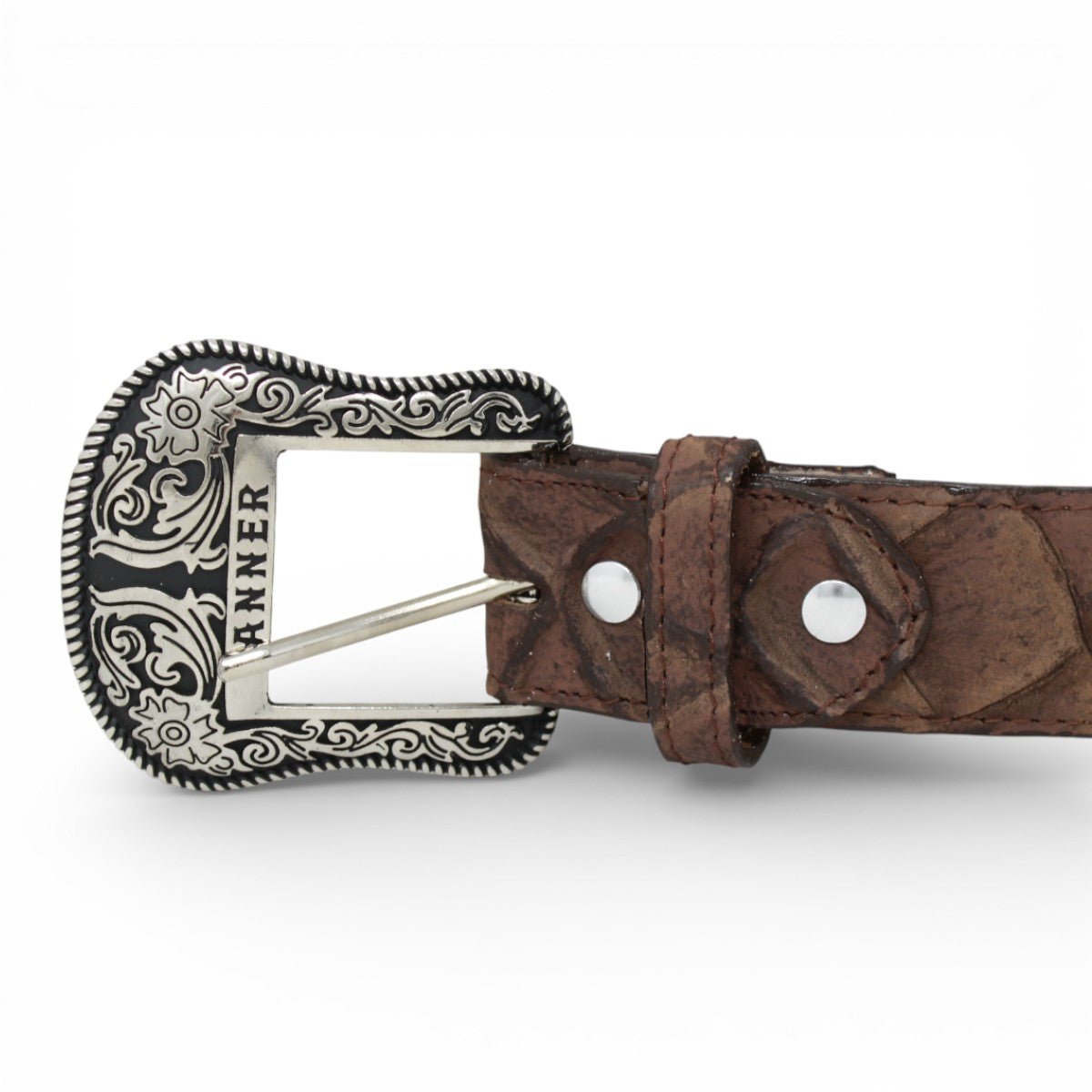 Cinturón de Piel Grabada Pirarucu con Hebilla Metálica Texas Cafe - TMB205559 - Tanner Mark Boots