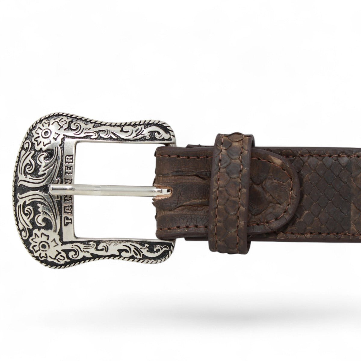 Cinturon de Piton Original en Cafe Hebilla Metalica Texas - Tanner Mark Boots