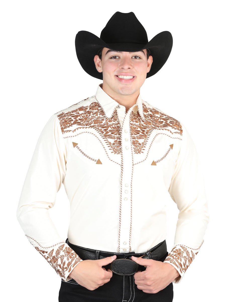 El Señor De Los Cielos Embroidery Shirt Beige/Dark Camel 44336 - Diana Zapateria Inc