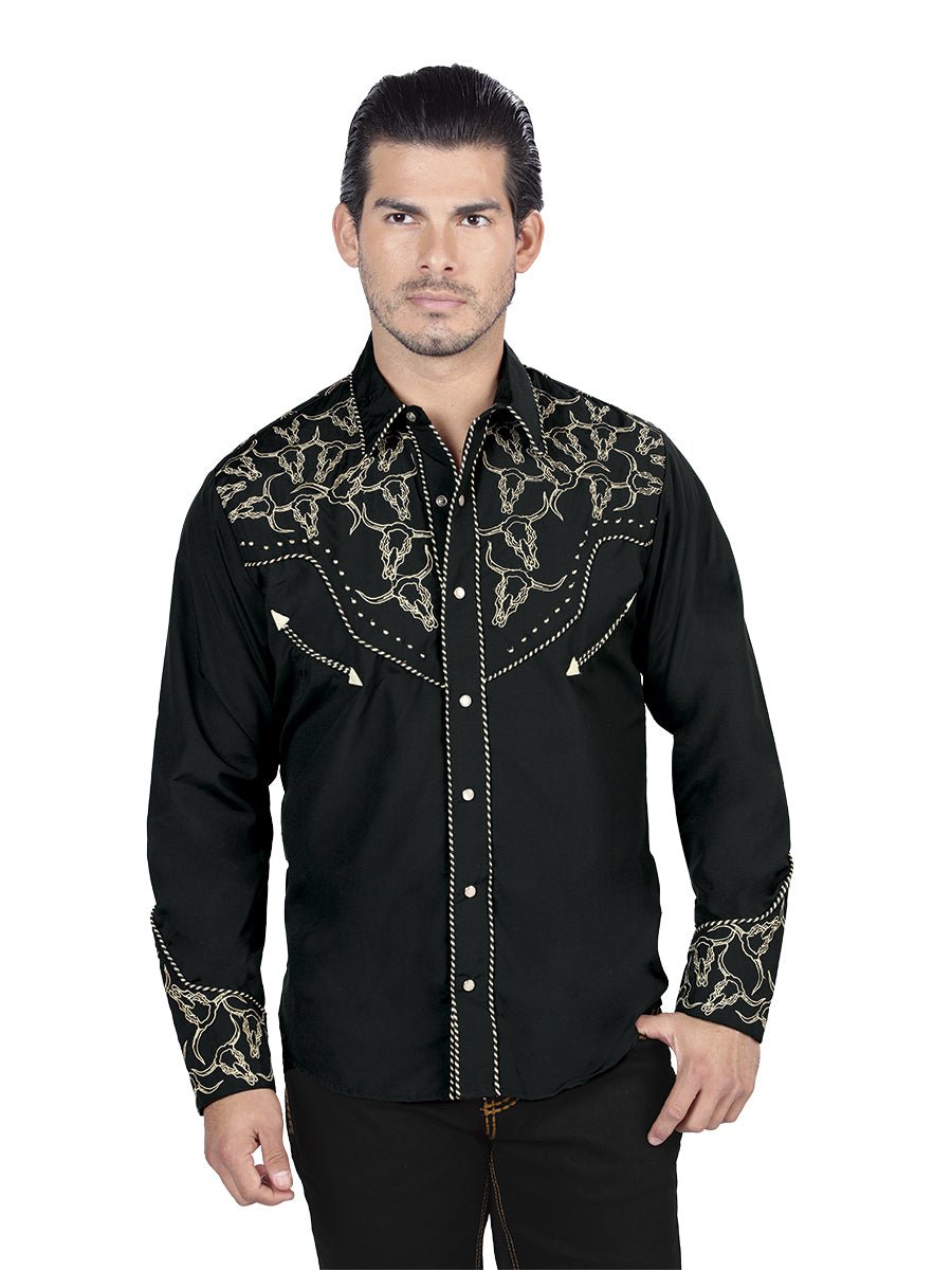 El Señor De Los Cielos Embroidery Shirt Black/Gold 44338 - Diana Zapateria Inc