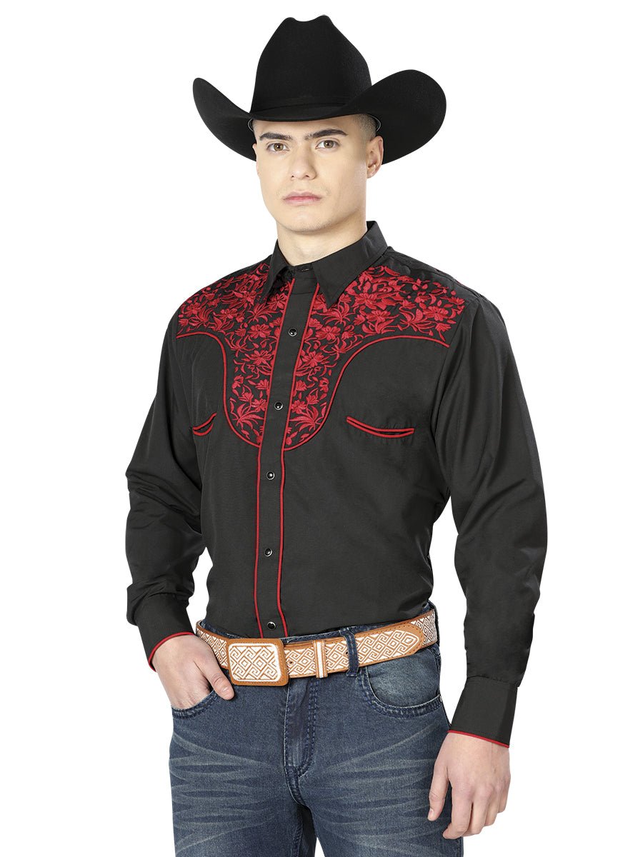 El Señor de los Cielos Embroidery Shirt Black/Red 43297 - Diana Zapateria Inc