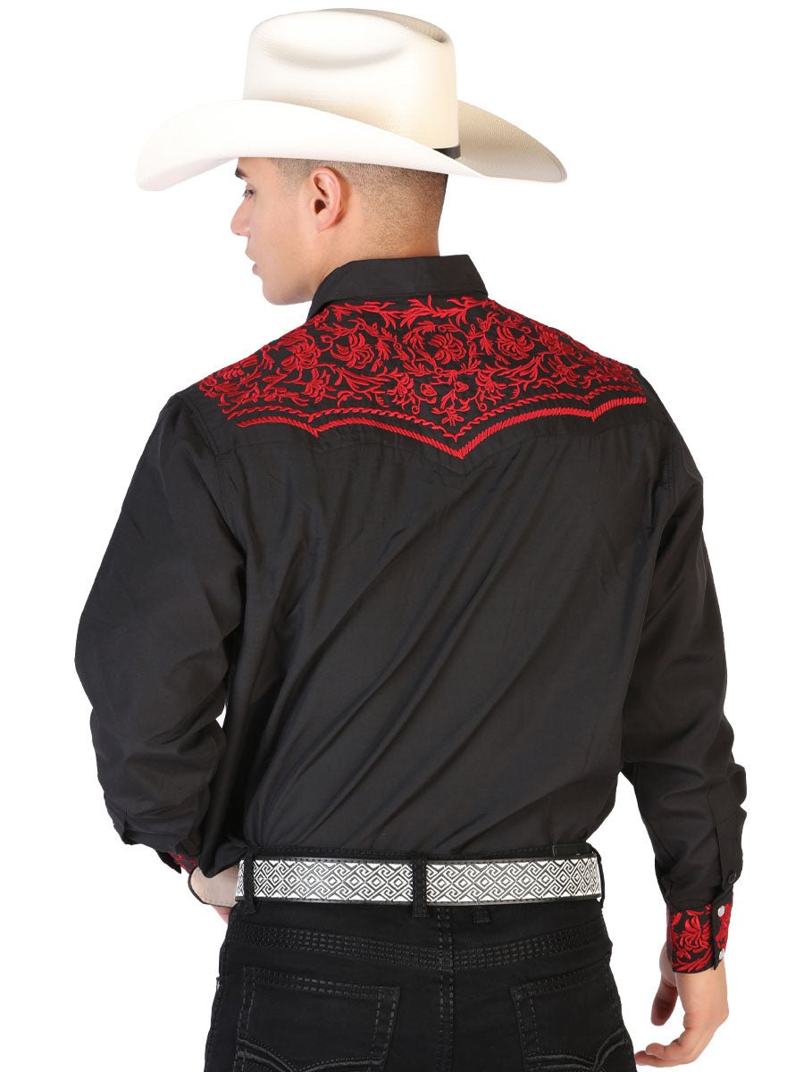 El Señor de los Cielos Embroidery Shirt Black/Red 43301 - Diana Zapateria Inc