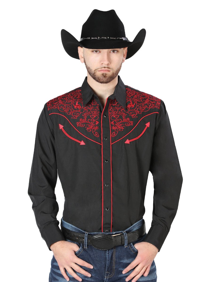 El Señor de los Cielos Embroidery Shirt Black/Red 44187 - Diana Zapateria Inc