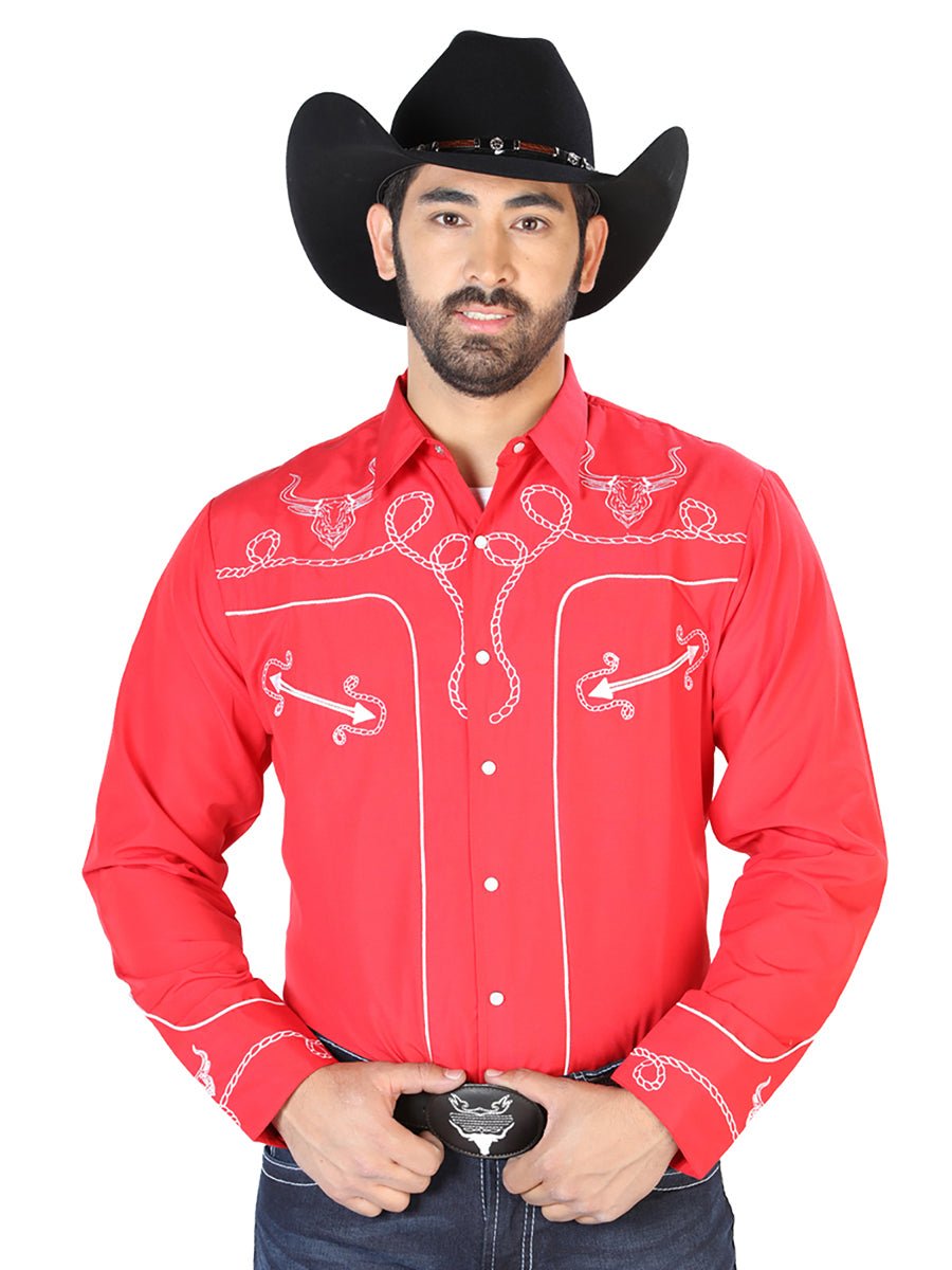 El Señor de los Cielos Embroidery Shirt Red/White 126713 - Diana Zapateria Inc