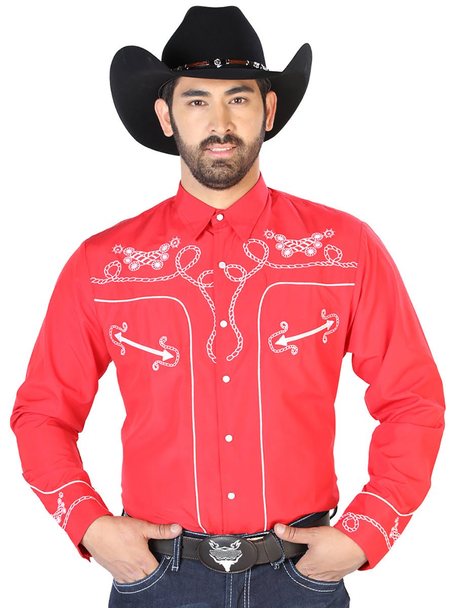 El Señor de los Cielos Embroidery Shirt Red/White 126719 - Diana Zapateria Inc
