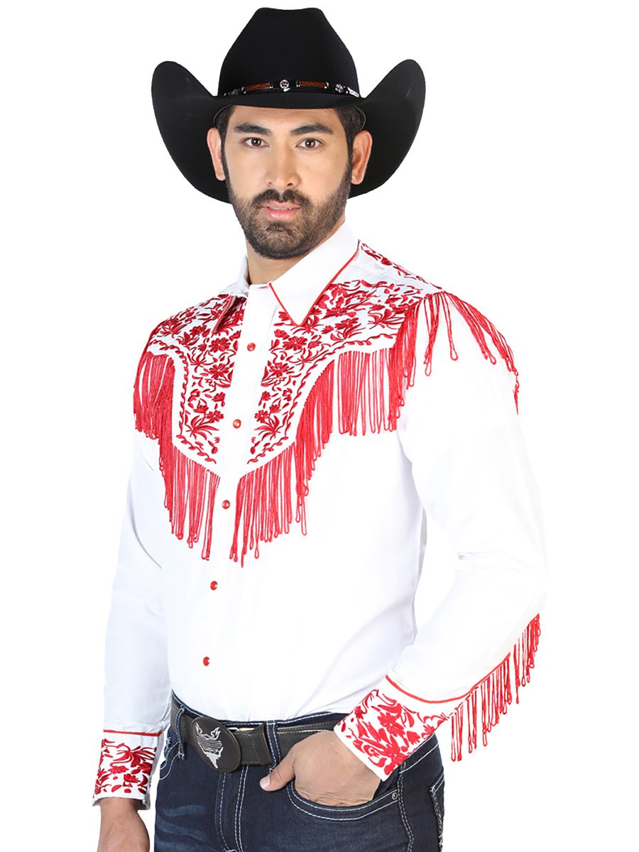El Señor de los Cielos Embroidery Shirt White/Red 126708 - Diana Zapateria Inc