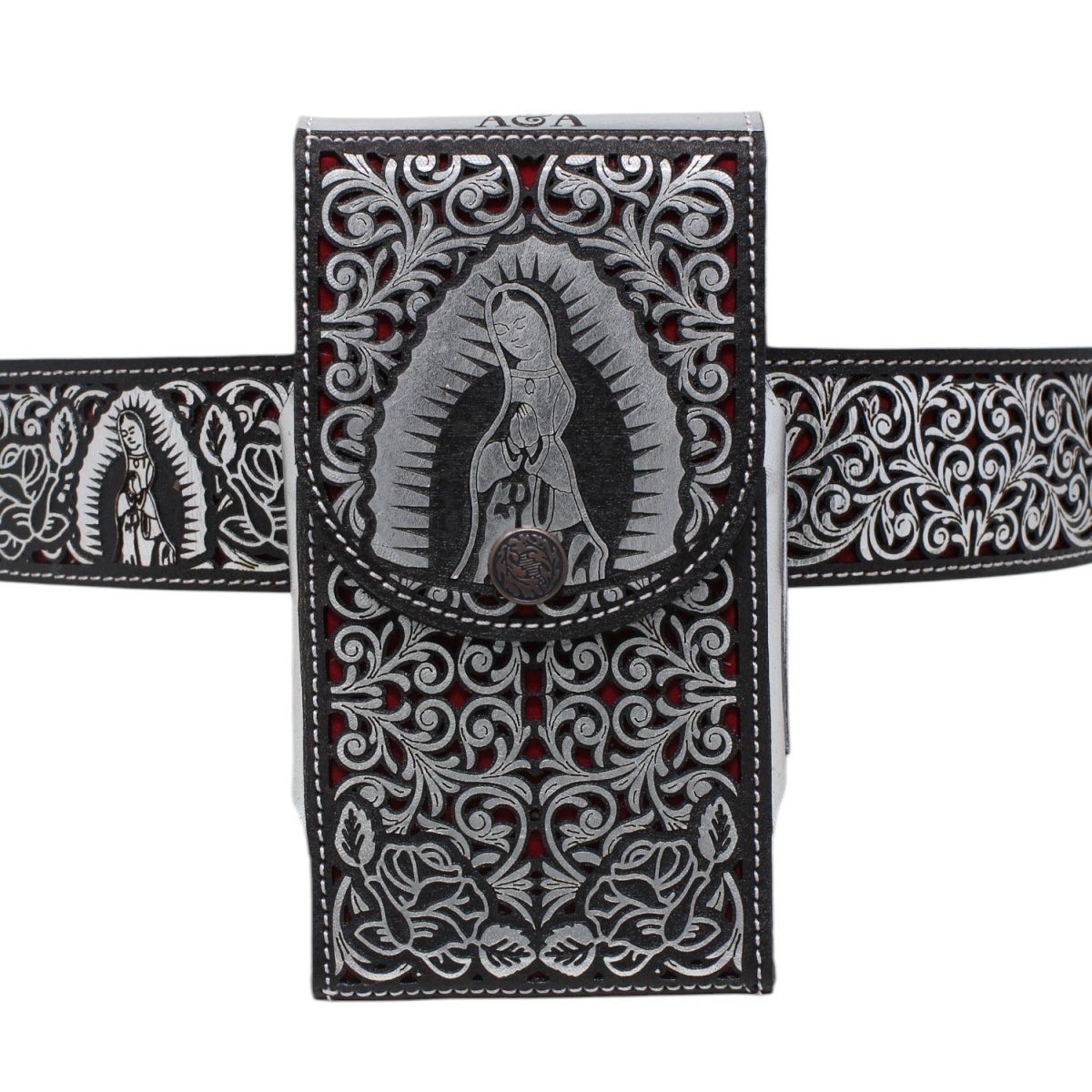 Funda para Smartphone de Cuero Corte Laser Original Virgen De Guadalupe en Plata - A&A Boots