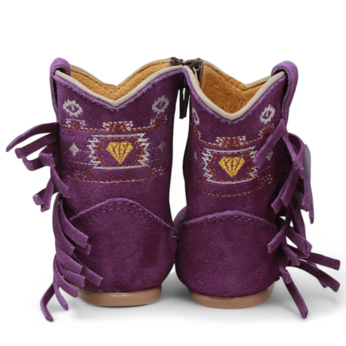 Botas de Piel Original con Flecos Punta Redonda Para Niña Bebe Color Morado - White Diamonds - Back View