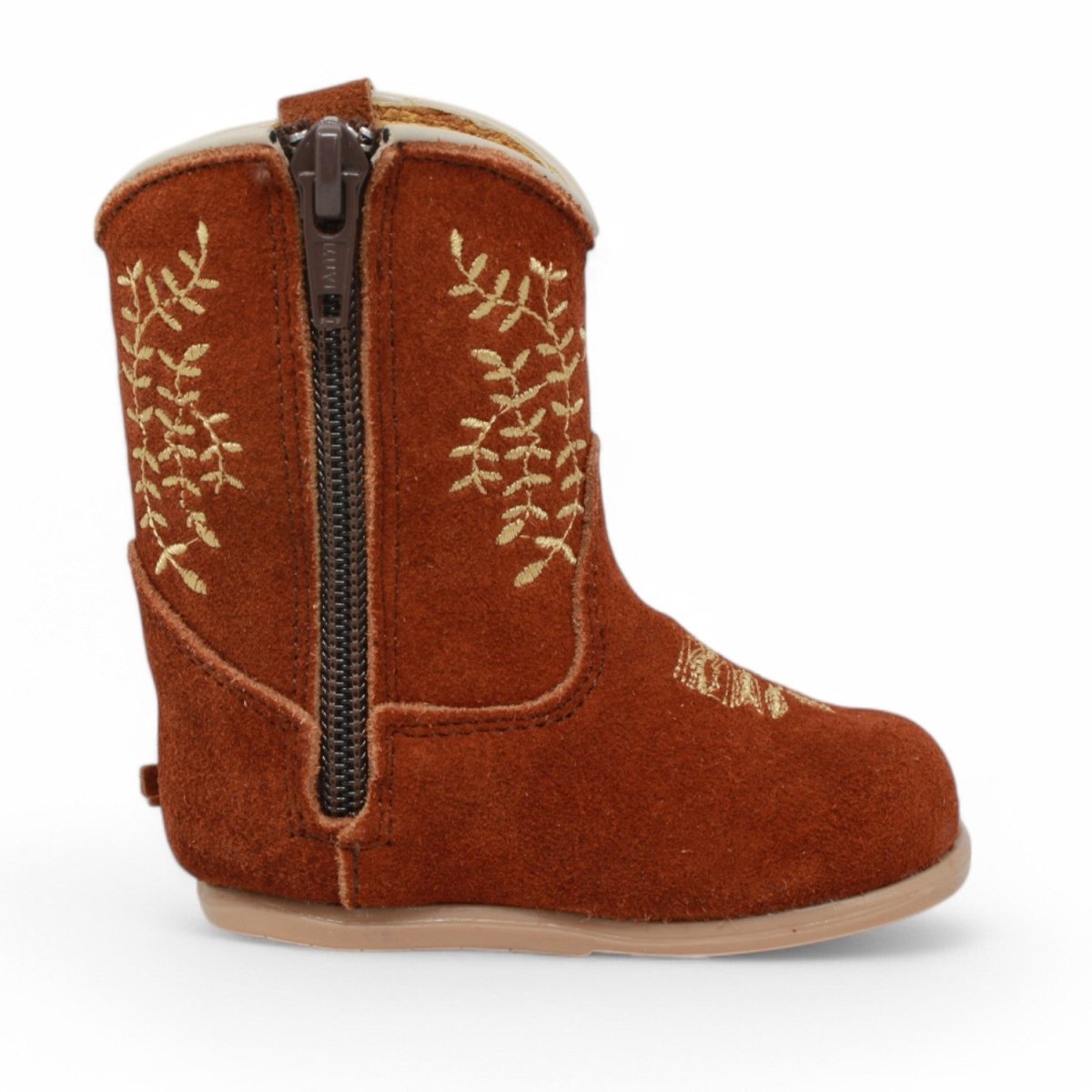 Botas de Piel Original con Flecos Punta Redonda Para Niña Bebe Color Cafe - White Diamonds - Right Side View