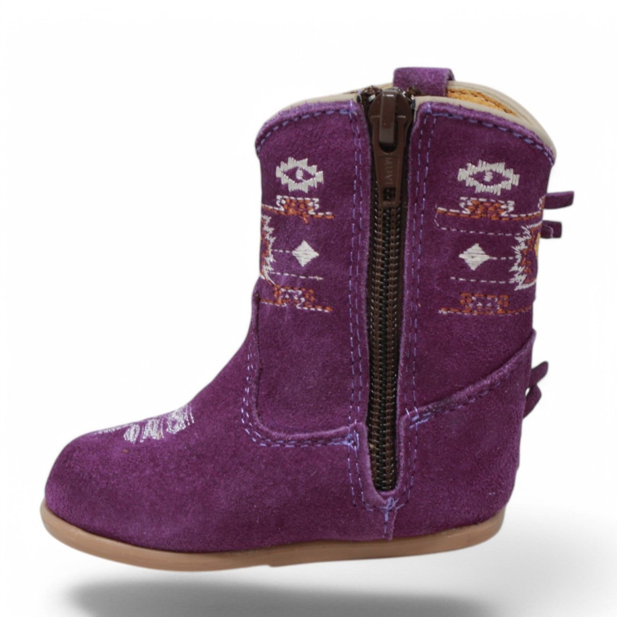 Botas de Piel Original con Flecos Punta Redonda Para Niña Bebe Color Morado - White Diamonds - Left Side View