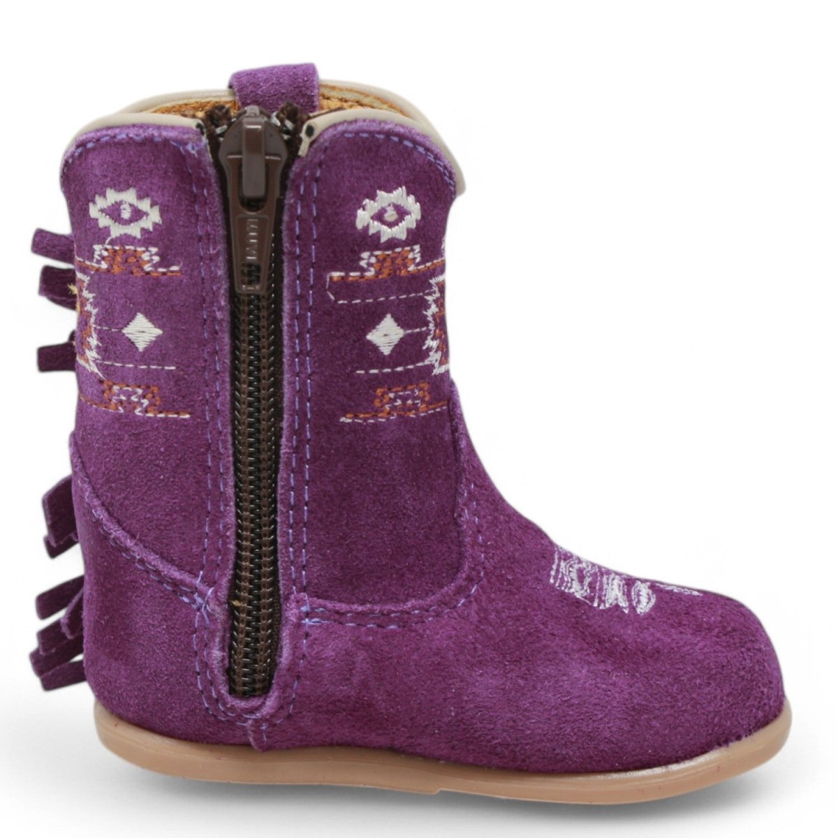 Botas de Piel Original con Flecos Punta Redonda Para Niña Bebe Color Morado - White Diamonds - Right Side View