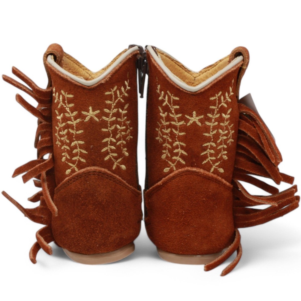 Botas de Piel Original con Flecos Punta Redonda Para Niña Bebe Color Cafe - White Diamonds - Back View