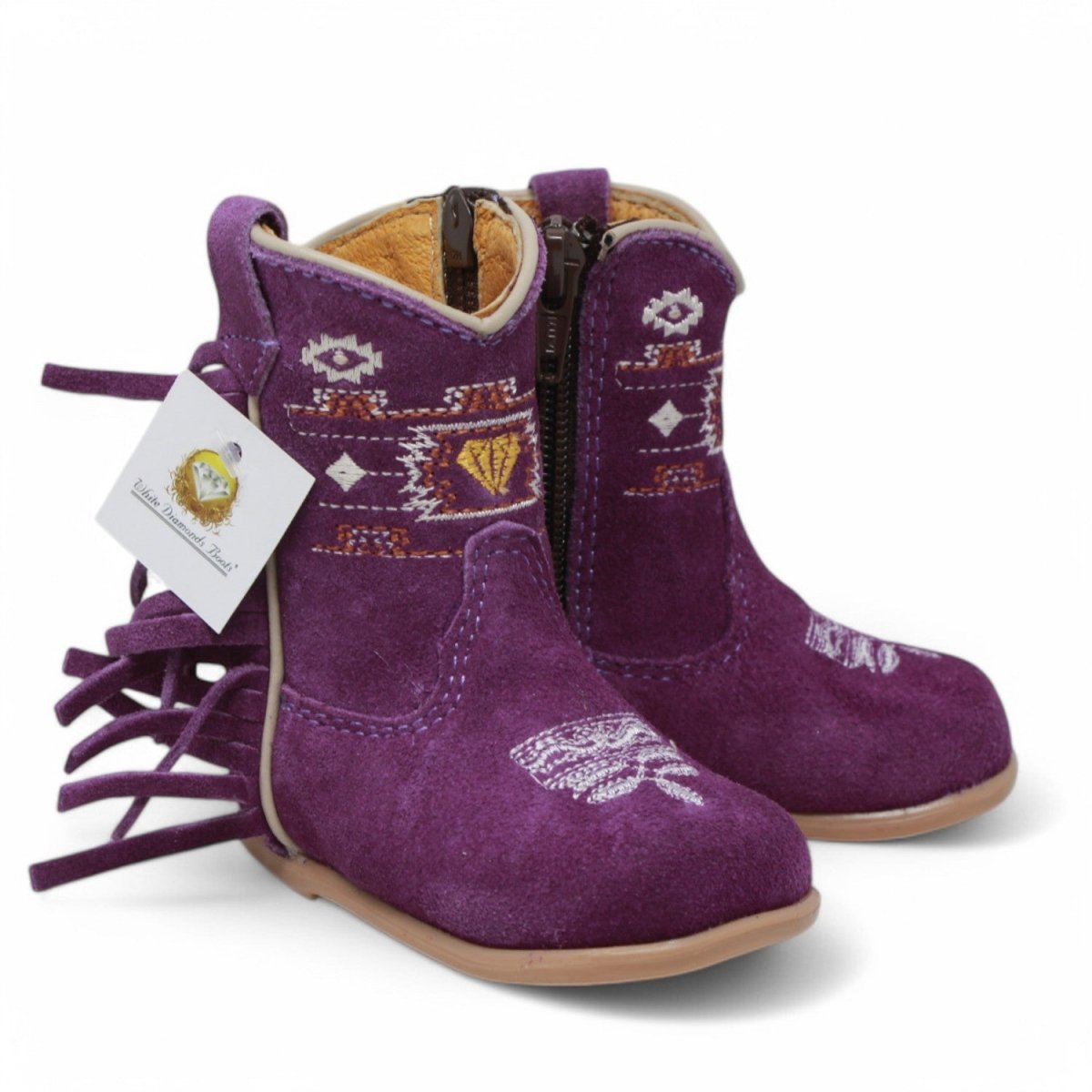 Botas de Piel Original con Flecos Punta Redonda Para Niña Bebe Color Morado - White Diamonds - Side View