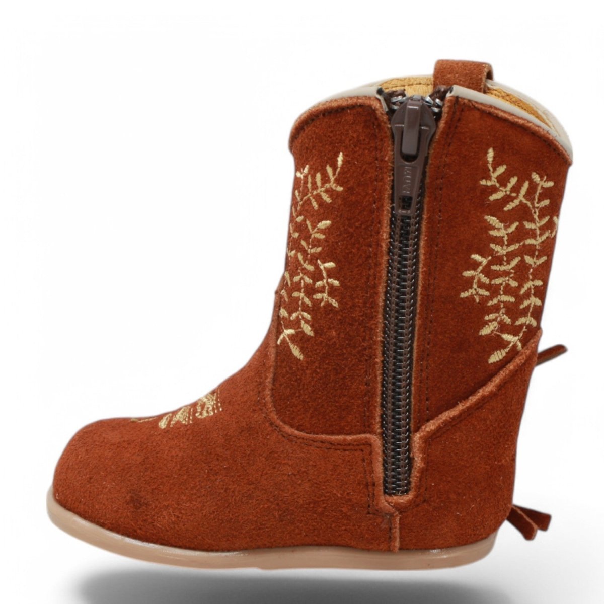 Botas de Piel Original con Flecos Punta Redonda Para Niña Bebe Color Cafe - White Diamonds - Left Side View