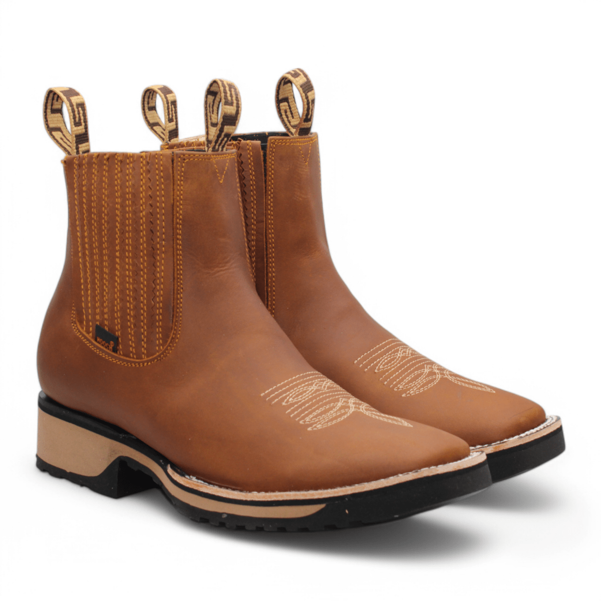 Genuine Leather Square Toe Ankle Boots with Rubber Sole - Tan - Hooch Boots