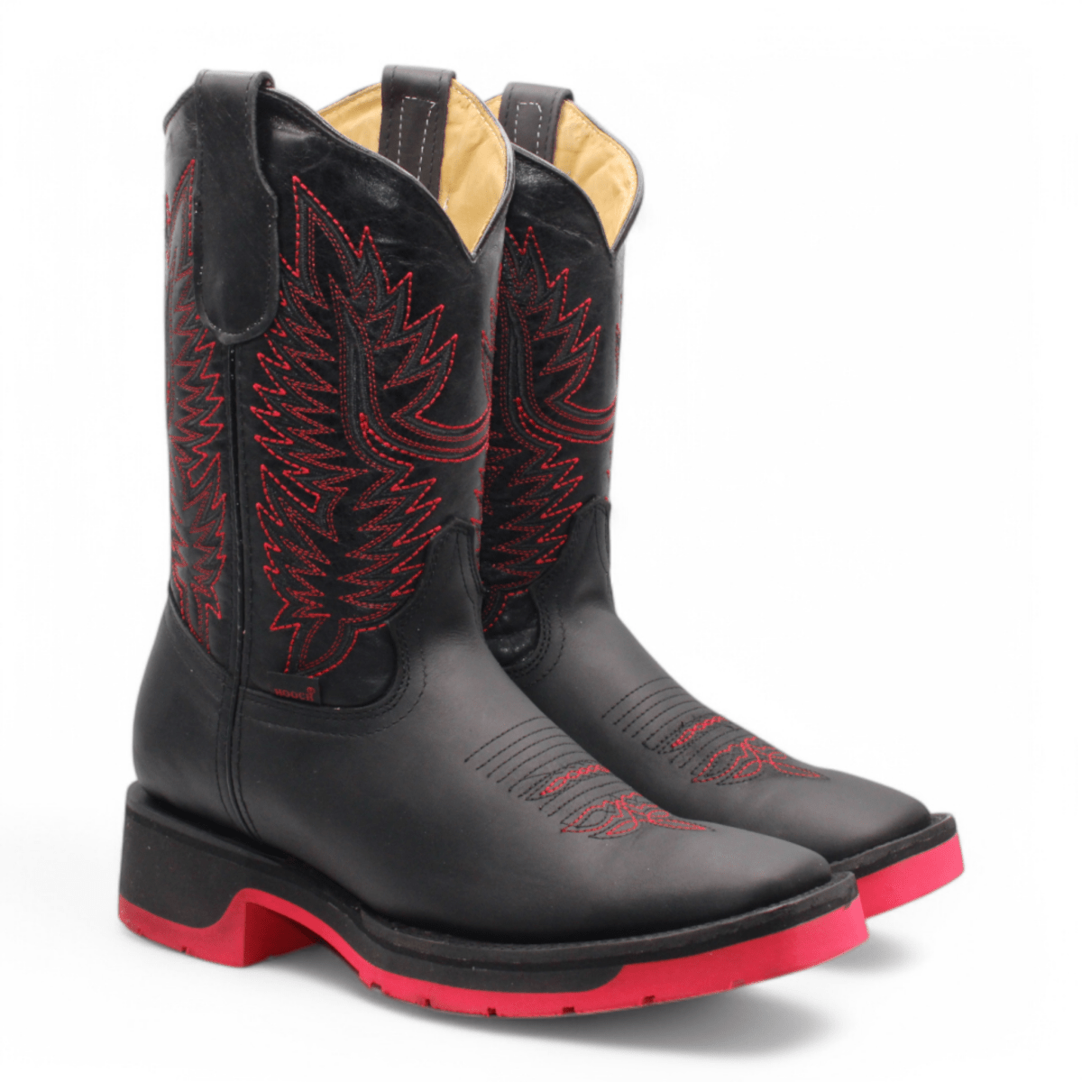 Botas de Piel Original Punta Amplia Cuadrada Color Negro - Hooch Boots - Side View