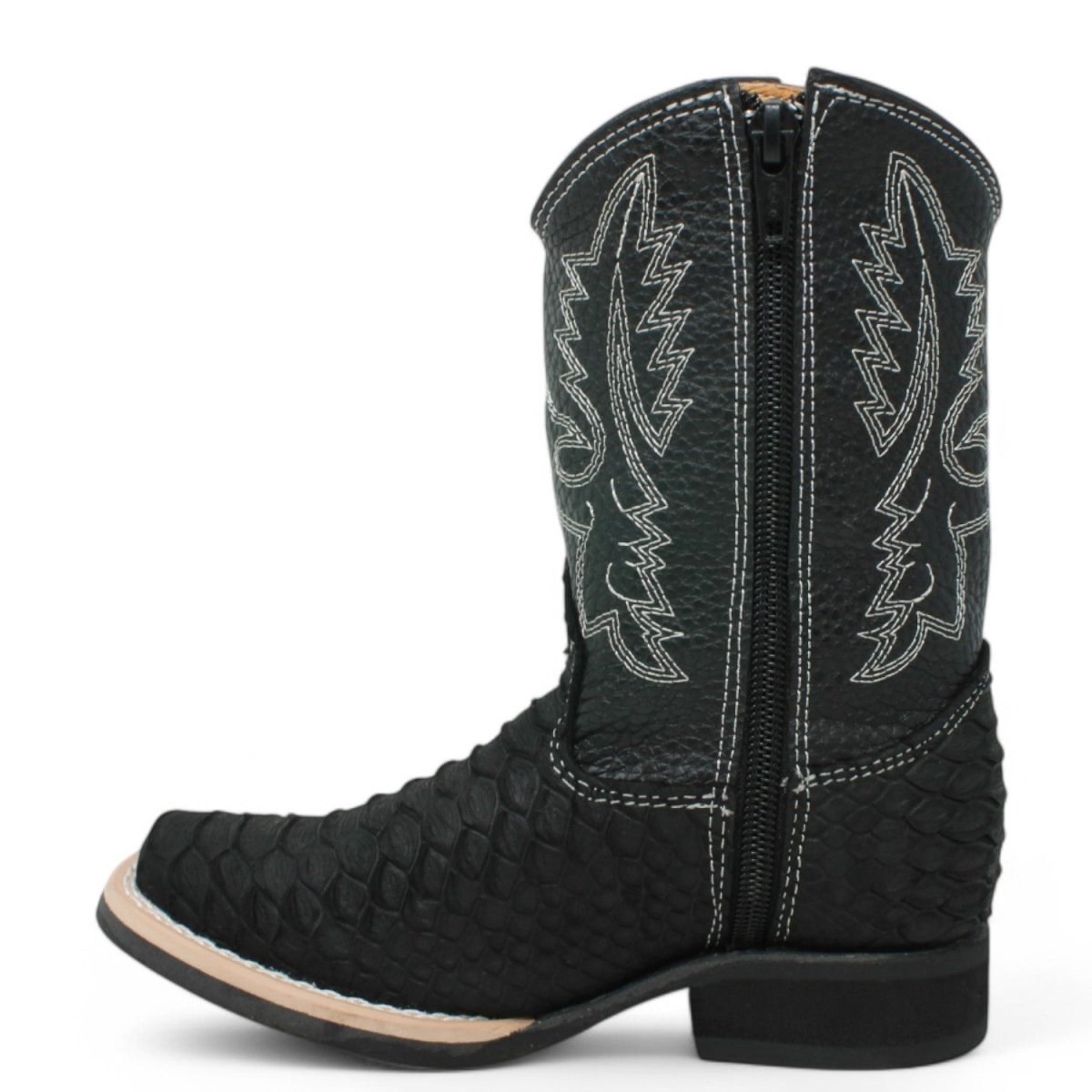 Botas de Piton Grabado Punta Amplia Cuadrada Para Niño Color Negro - La Carreta - Left Side View