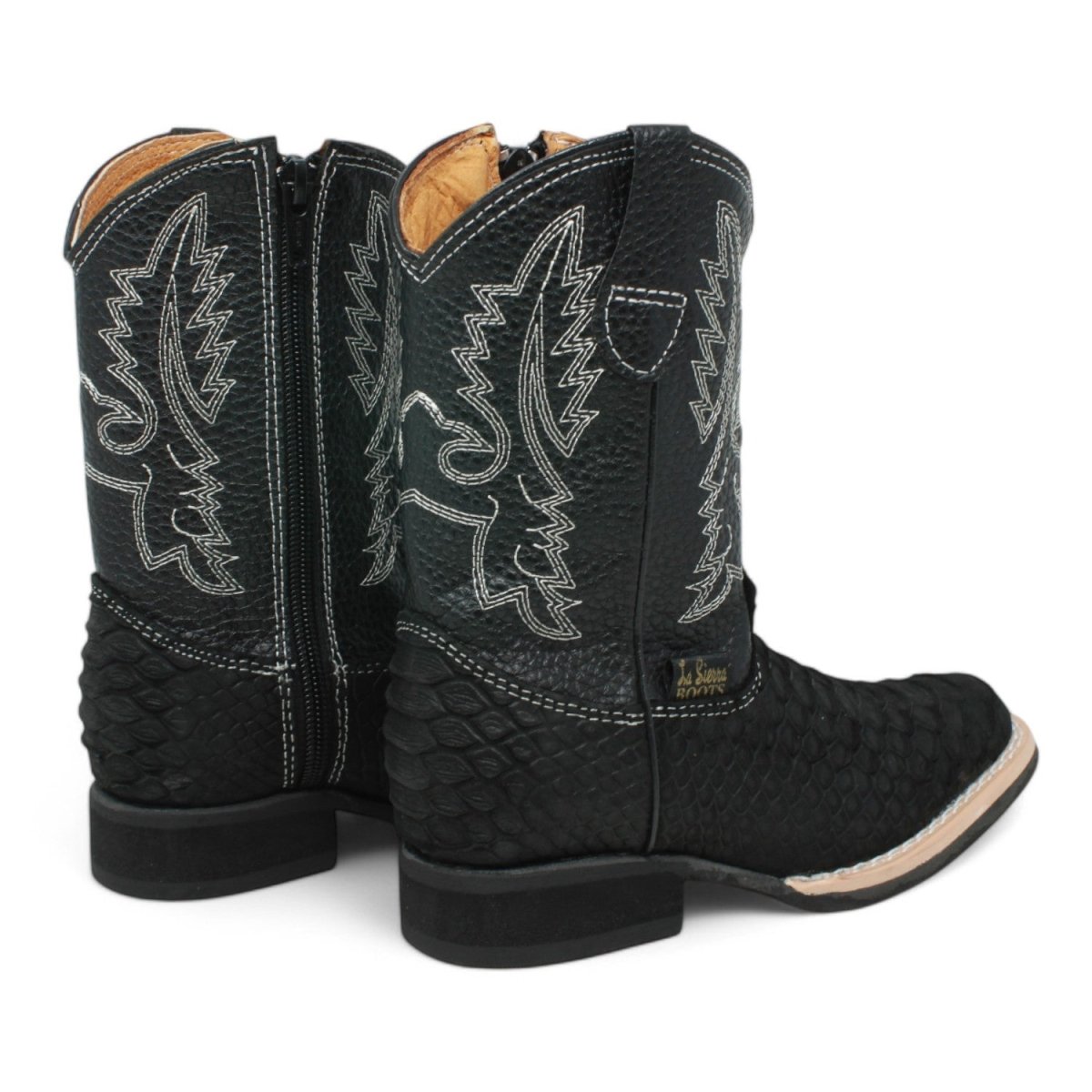 Botas de Piton Grabado Punta Amplia Cuadrada Para Niño Color Negro - La Carreta - Pair Side View