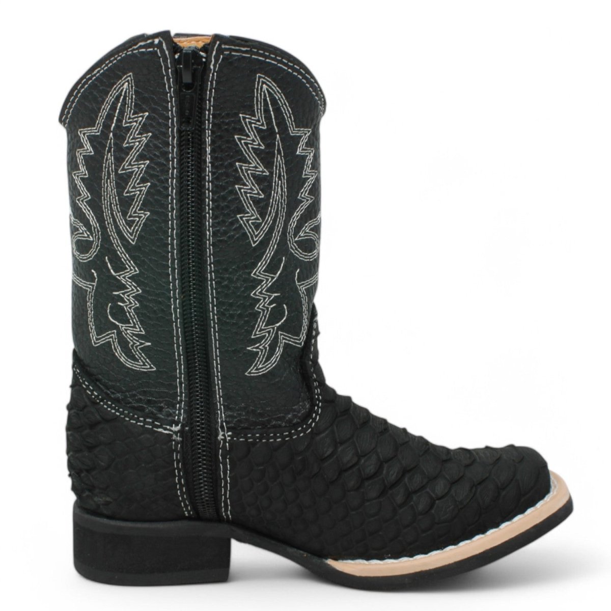 Botas de Piton Grabado Punta Amplia Cuadrada Para Niño Color Negro - La Carreta - Right Side View