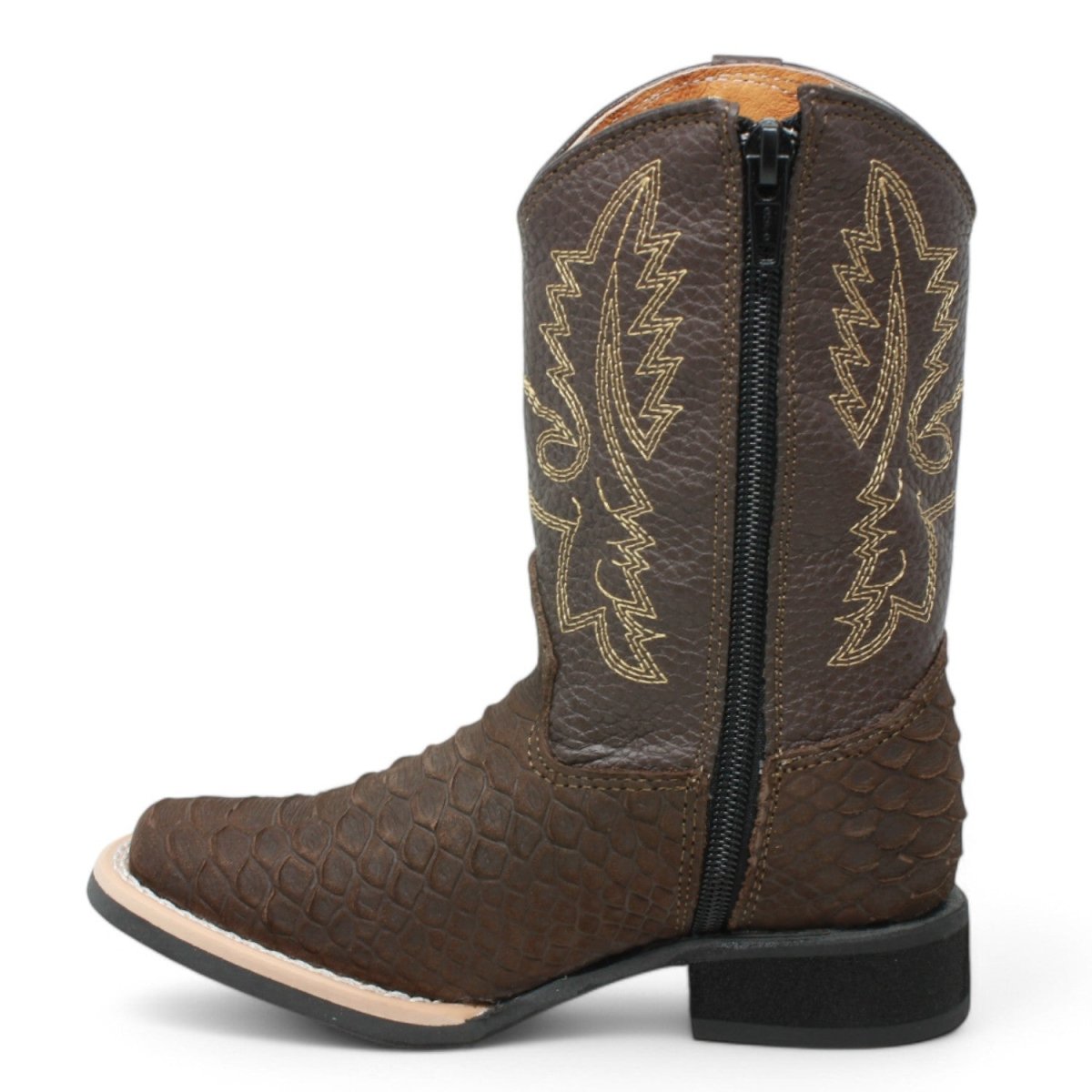 Botas de Piton Grabado Punta Amplia Cuadrada Para Niño Color Cafe - La Carreta - Left Side View