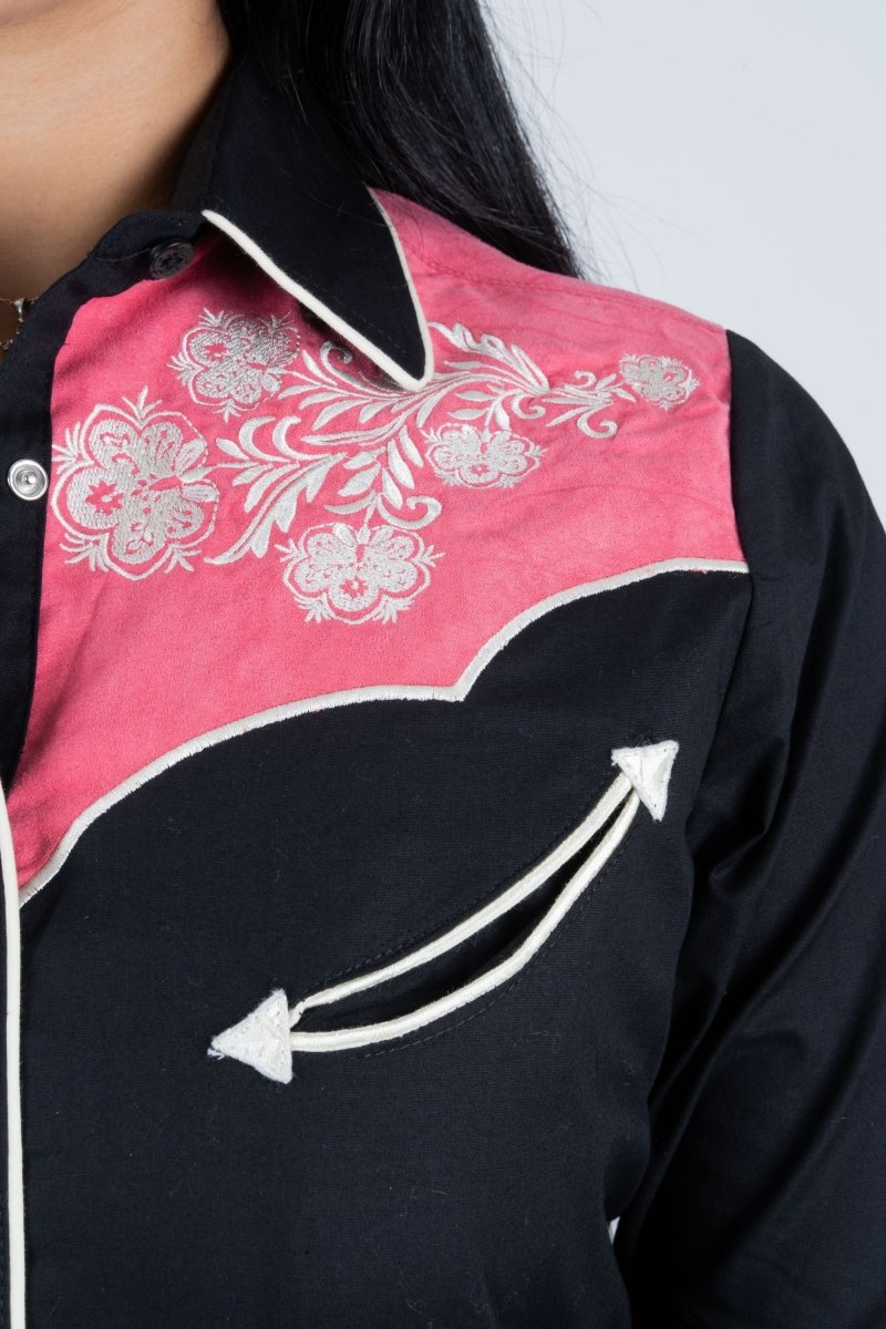 Ladies Cotton Black Embroidery Western Shirt With Suede - Platini Fashion