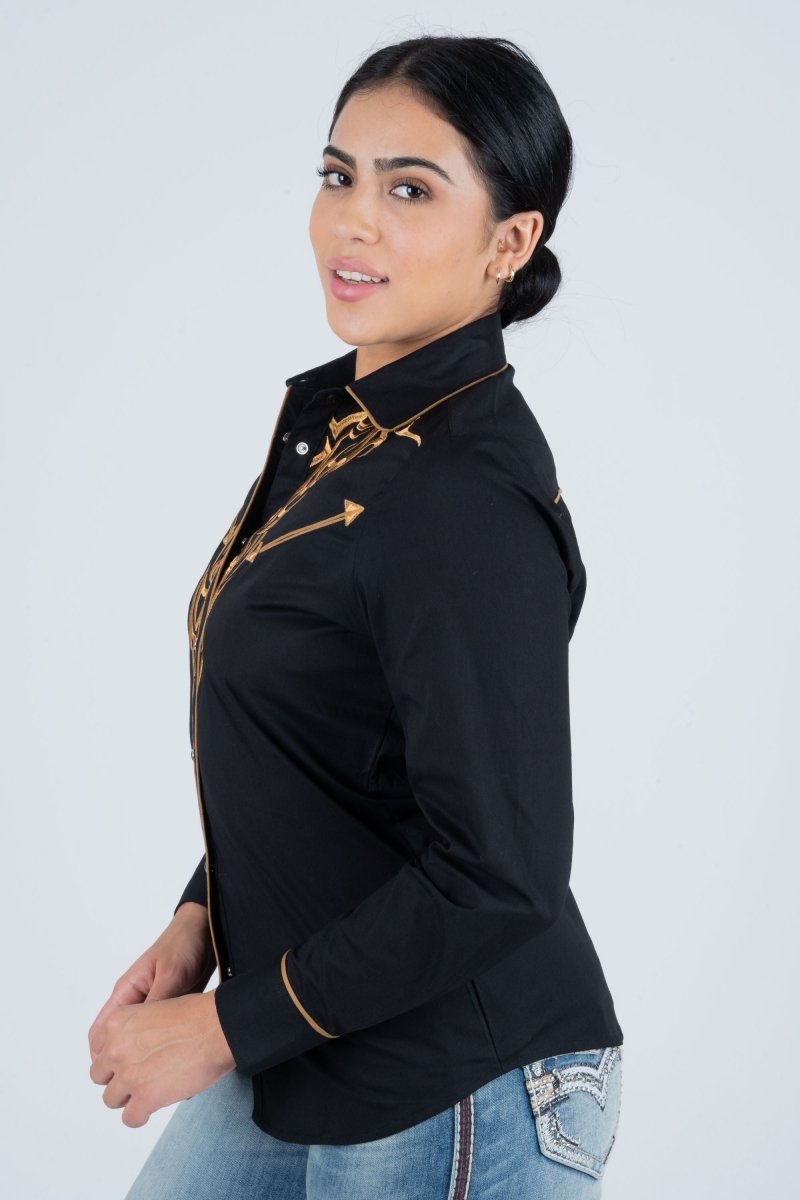 Ladies Cotton Black Embroidery Western Shirt - Platini Fashion