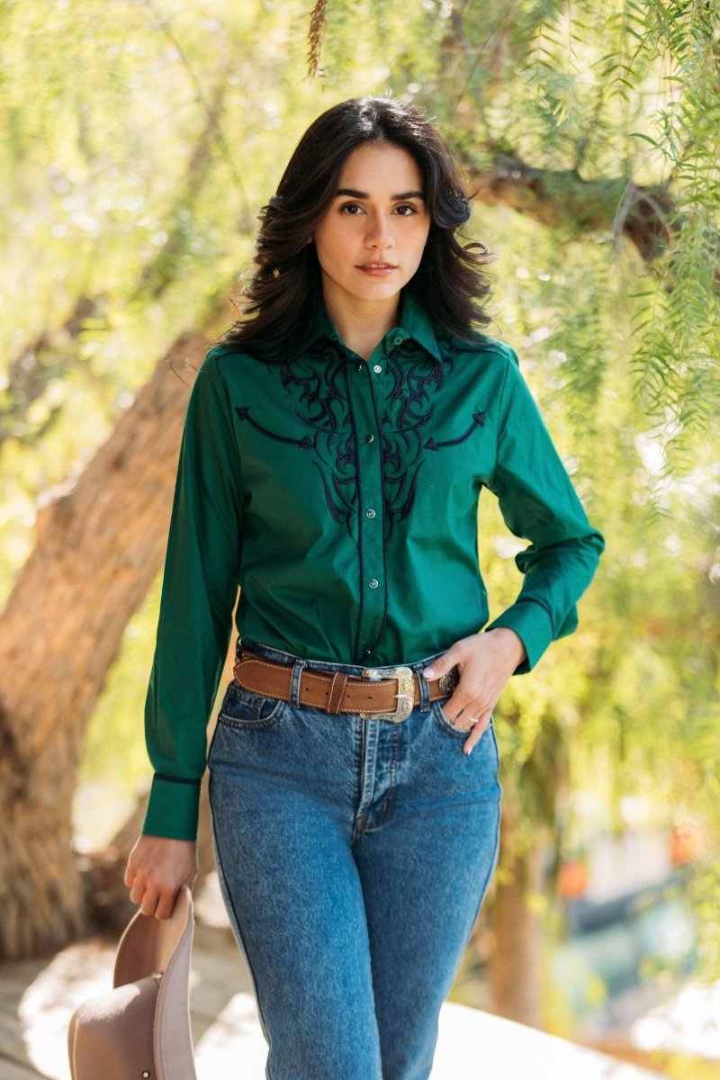 Ladies Cotton Green Embroidery Western Shirt - Platini Fashion