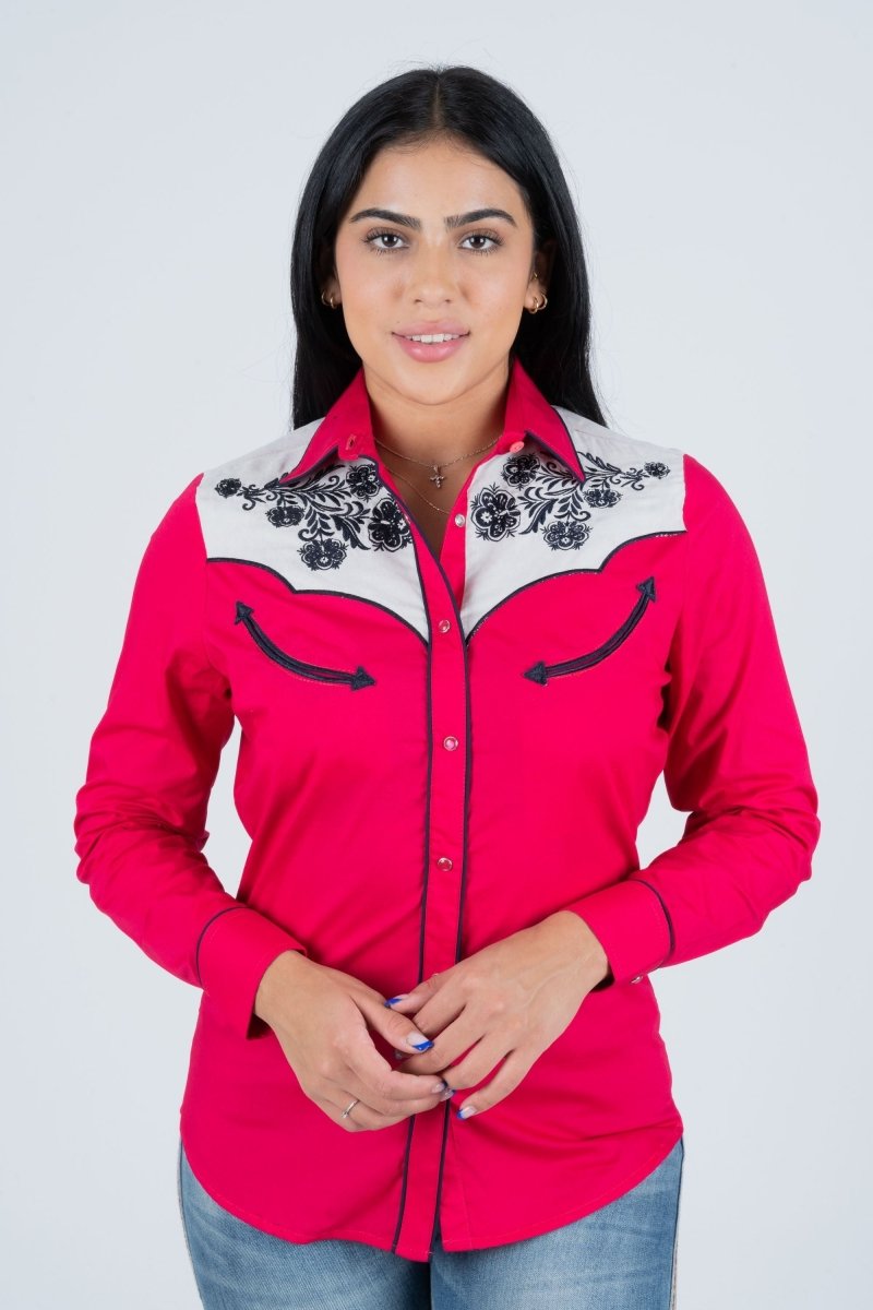 Ladies Cotton Red Embroidery Western Shirt With Suede - Platini Fashion
