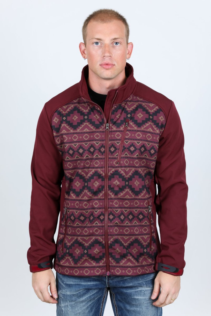 Mens Aztec Softshell Water - Resistant Jacket - Burgundy - Platini Fashion