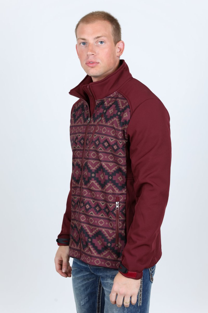 Mens Aztec Softshell Water - Resistant Jacket - Burgundy - Platini Fashion