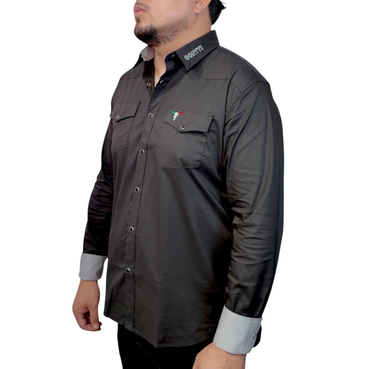 Men's Button Down Shirt with Embroidered Ranch Design - Contti