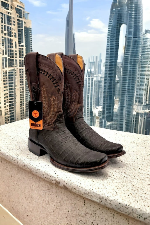 Men's Caiman Belly Print Dubai Toe Leather Boots - Chocolate - Hooch
