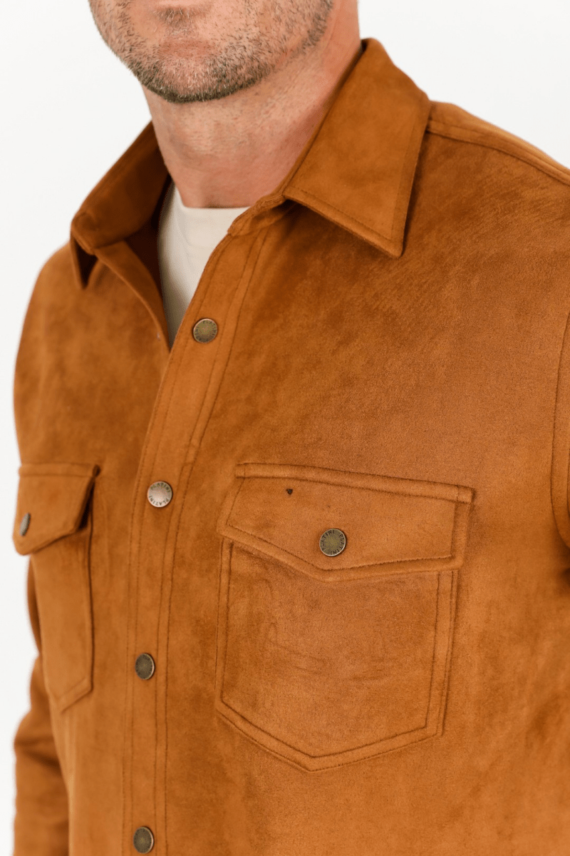 Men's Camel Faux Suede Overshirt - Platini Fashion