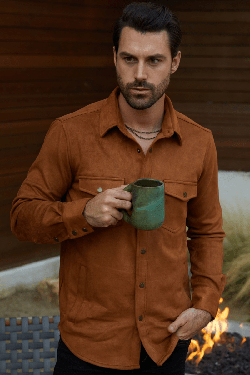 Men's Camel Faux Suede Overshirt - Platini Fashion