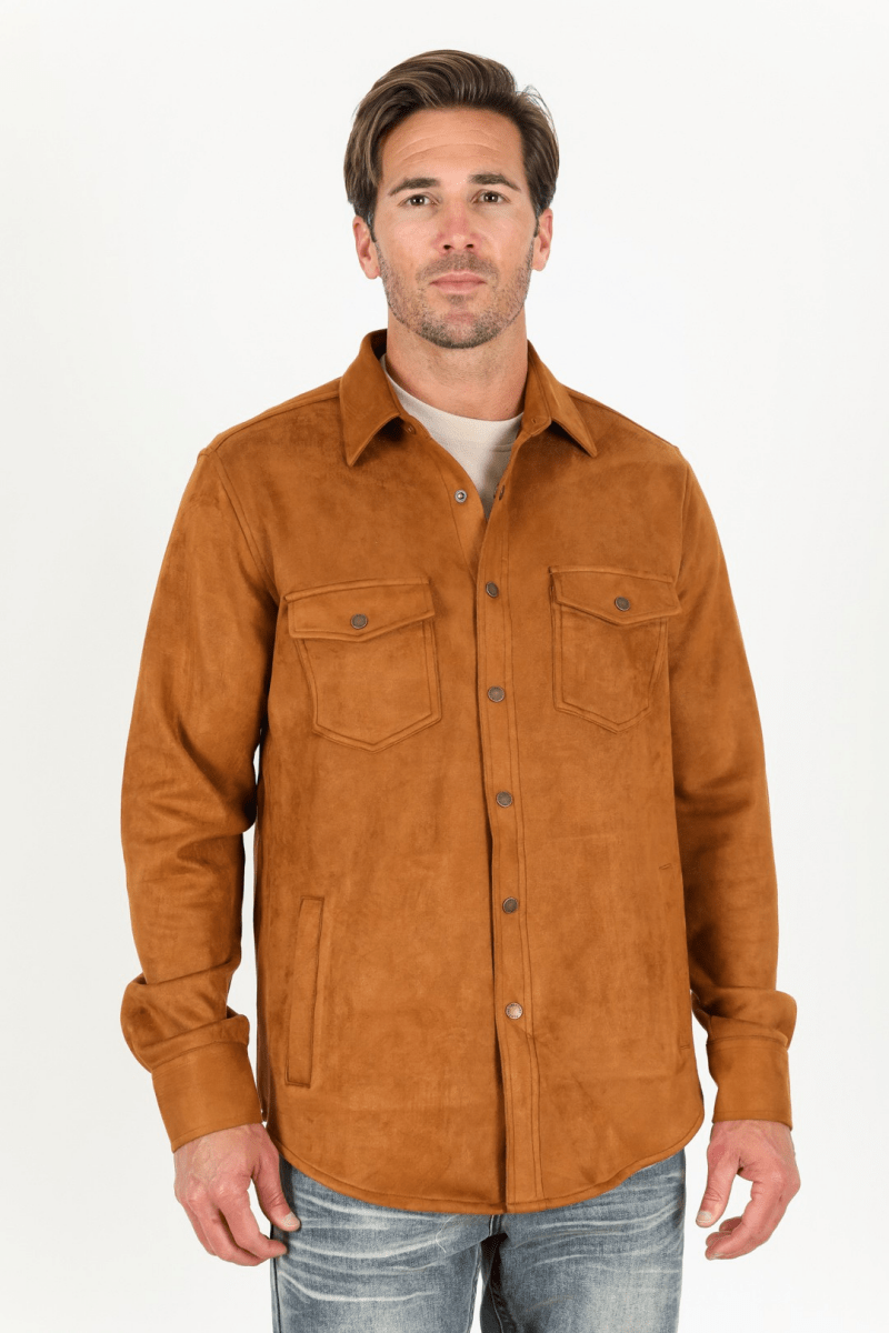 Men's Camel Faux Suede Overshirt - Platini Fashion