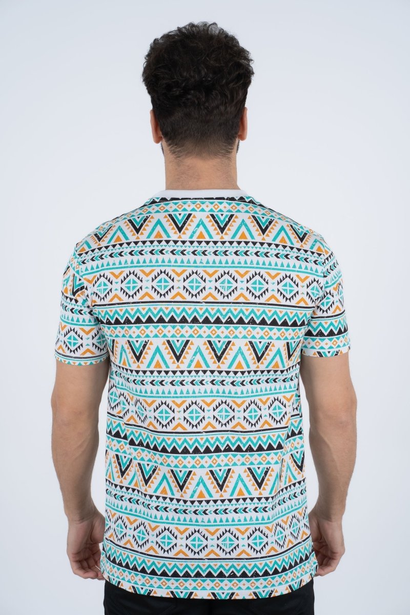 Men's Cotton White Aztec Print T-shirt - Platini Fashion