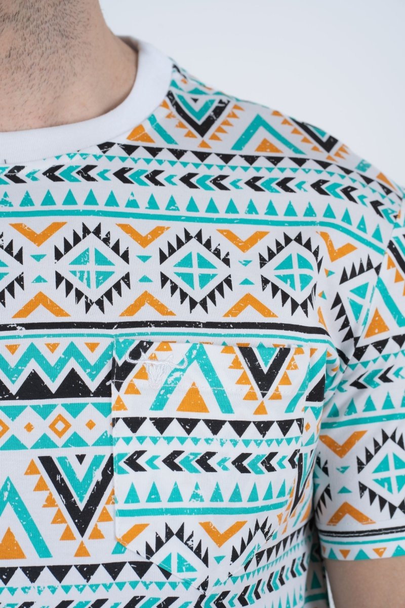 Men's Cotton White Aztec Print T-shirt - Platini Fashion