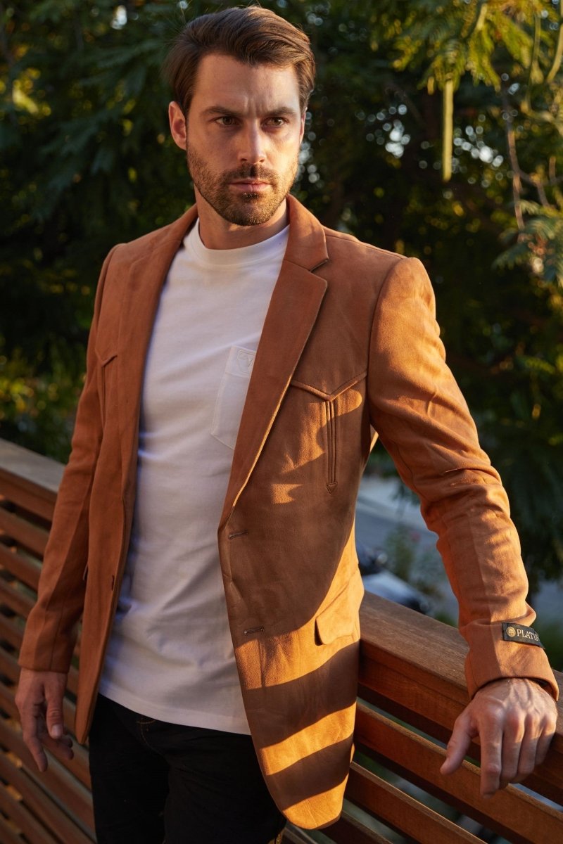 Men's Double Button Faux - Suede Blazer - Platini Fashion
