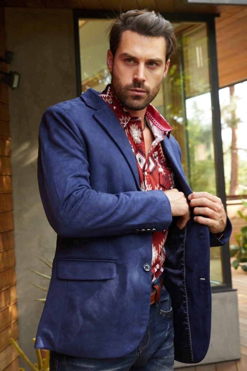 Men's Double Button Navy Faux - Suede Blazer - Platini Fashion