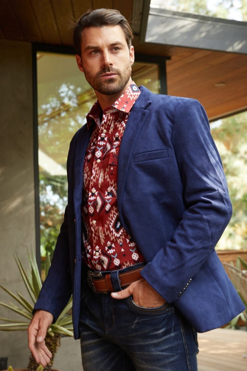Men's Double Button Navy Faux - Suede Blazer - Platini Fashion