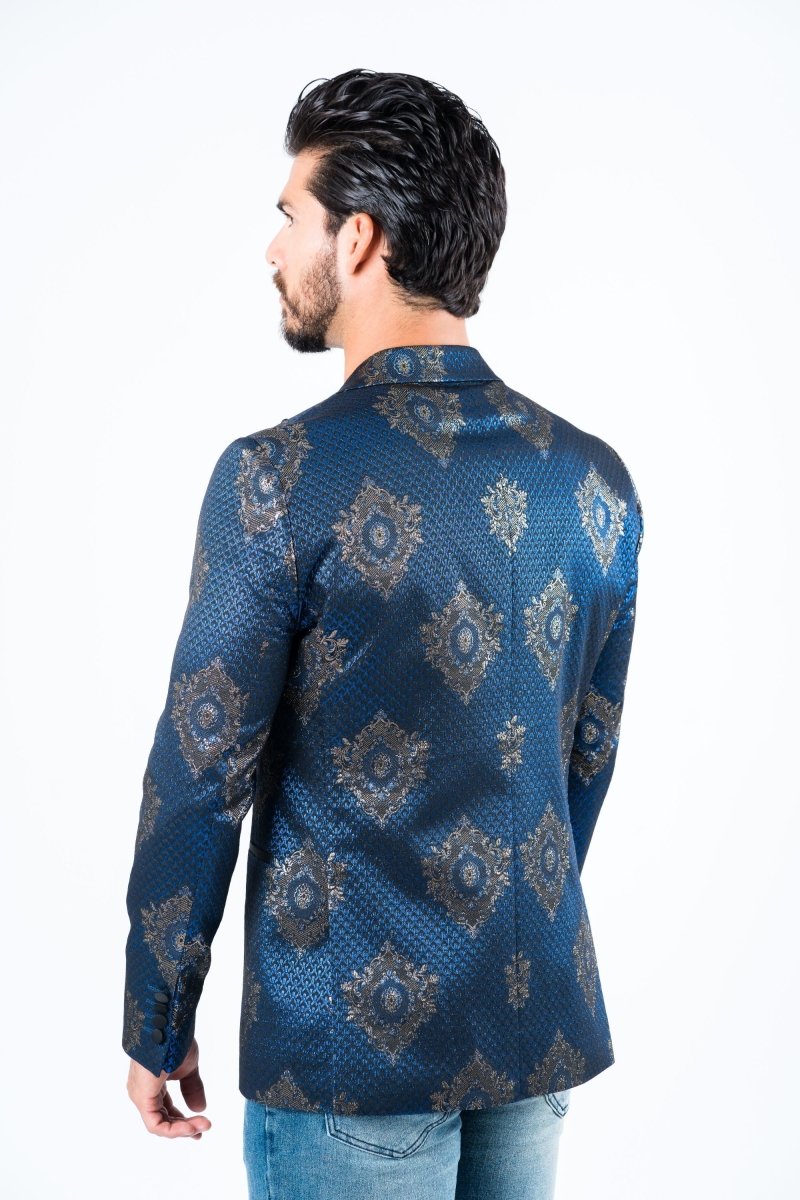 Men's Double Button Navy Woven Printed Blazer - Platini Fashion