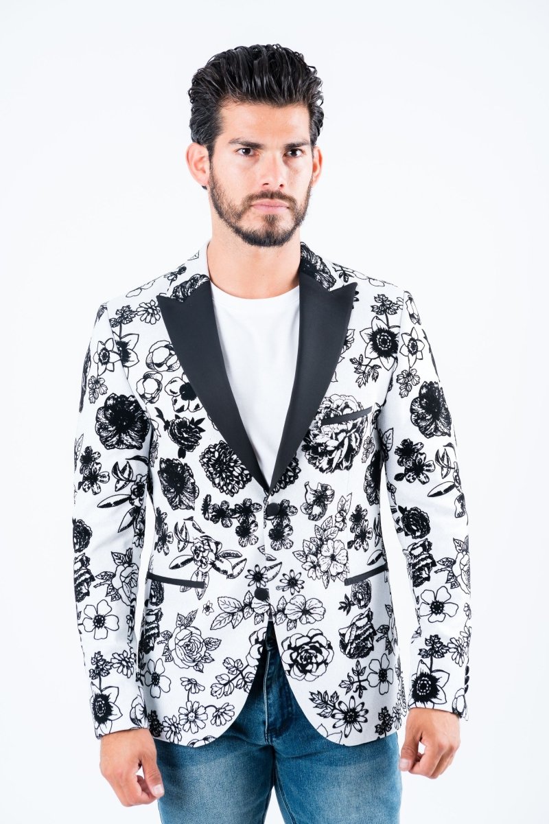 Men's Double Button White Woven Printed Blazer - Platini Fashion