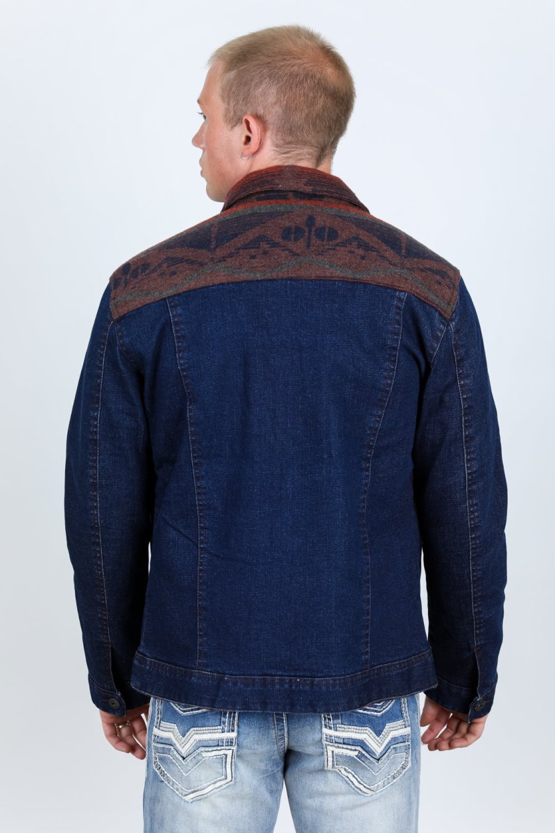 Mens Ethnic Aztec Denim Jacket - Indigo - Platini Fashion