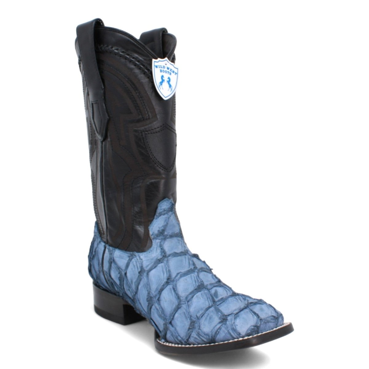 Genuine Monster Fish Pirarucu Wide Square Toe Boots Blue Jeans Color - Wild West Boots
