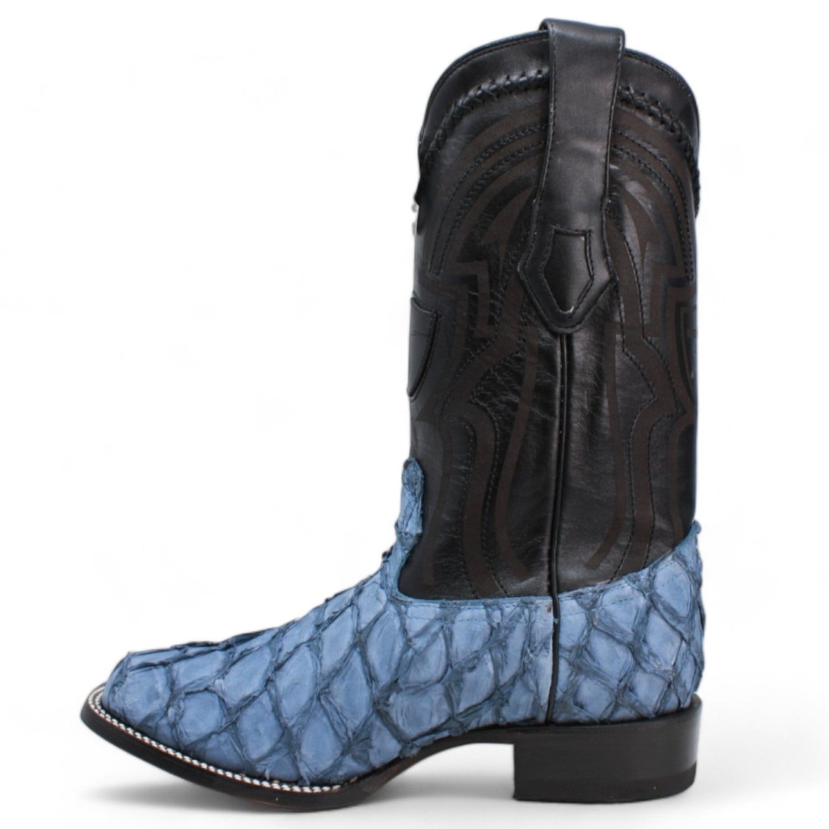 Genuine Monster Fish Pirarucu Wide Square Toe Boots Blue Jeans Color - Wild West Boots left side