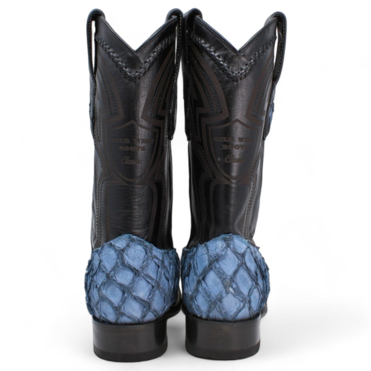 Genuine Monster Fish Pirarucu Wide Square Toe Boots Blue Jeans Color - Wild West Boots back