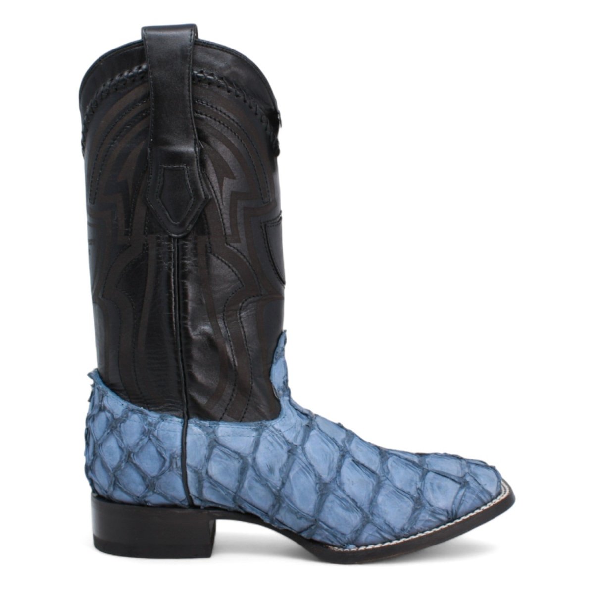 Genuine Monster Fish Pirarucu Wide Square Toe Boots Blue Jeans Color - Wild West Boots right side