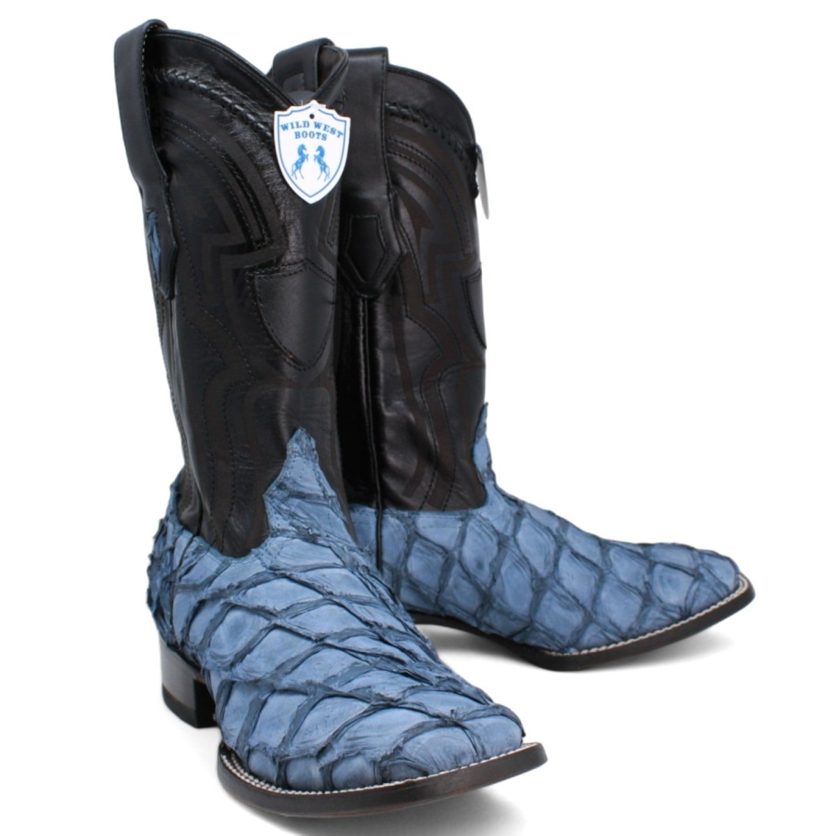 Genuine Monster Fish Pirarucu Wide Square Toe Boots Blue Jeans Color - Wild West Boots Pair