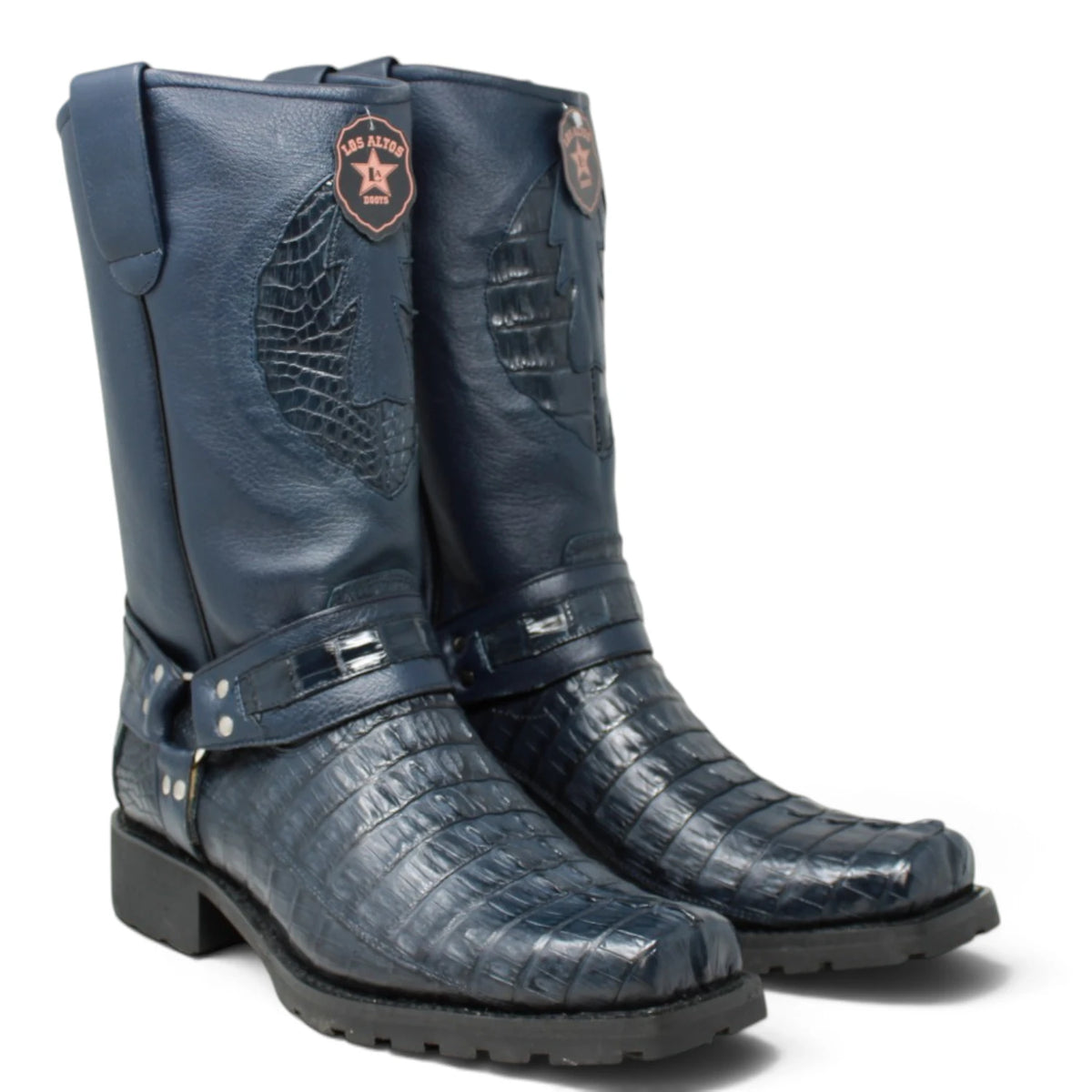 Genuine Caiman Crocodile Tail Square Toe Biker Boots – Los Altos Boots – Side View